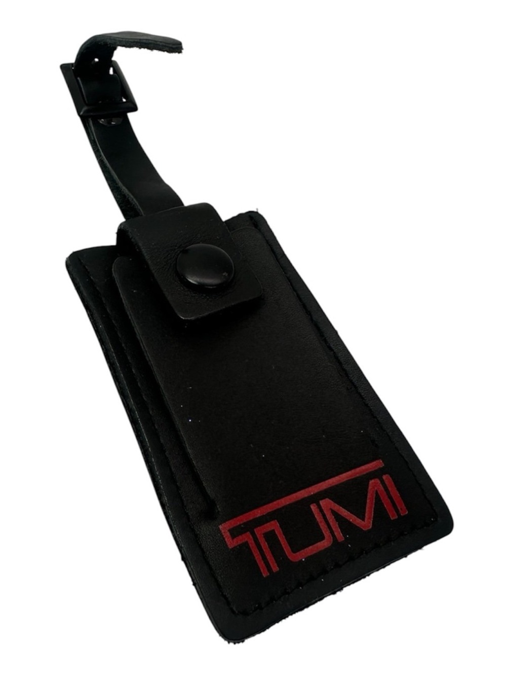 TUMI Black Leather Luggage ID Tag with Red Logo